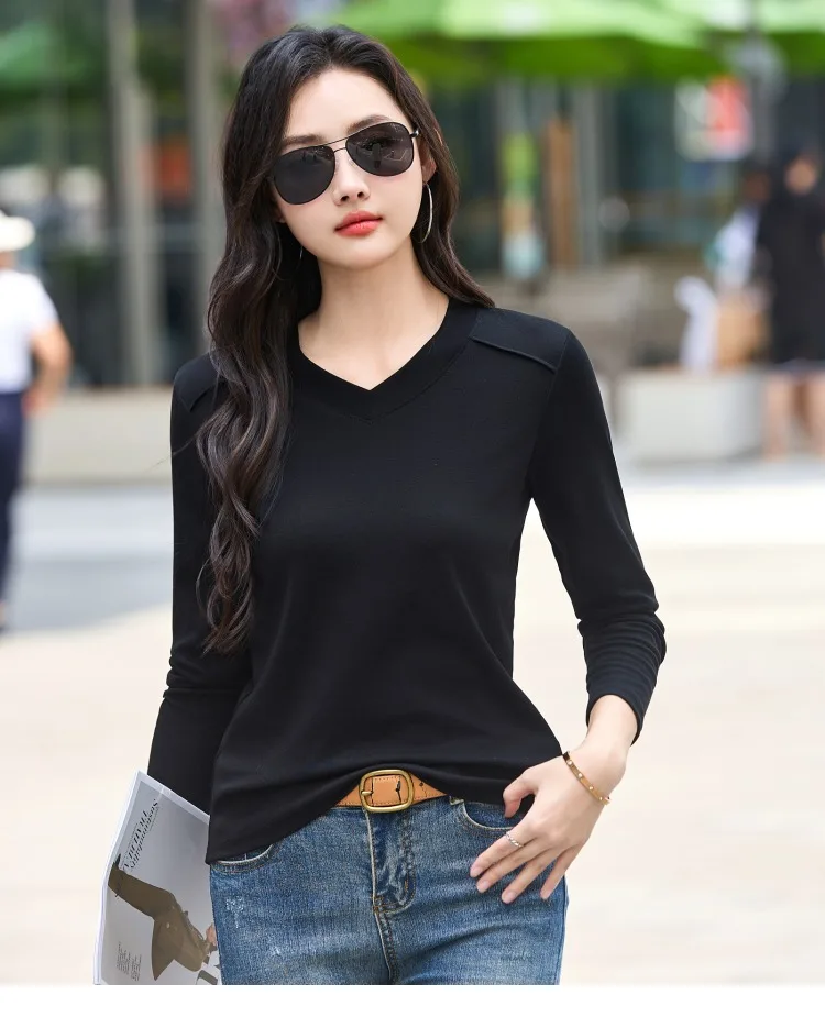 AOSSVIAO 2026 Damen Frühling Herbst 100% Baumwolle T-Shirt Basic Einfarbig Langarm Locker Sitzende Oberteile Shirts T-Shirt – Detail 6