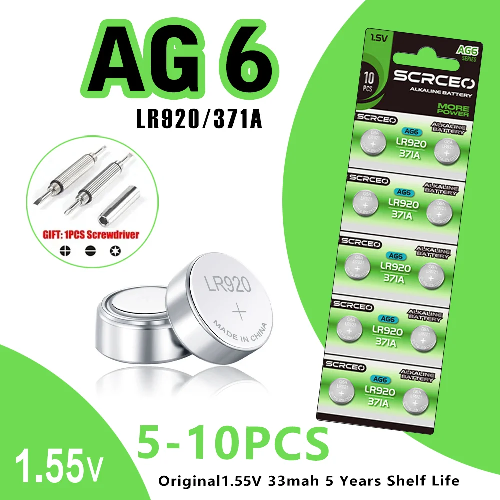 5-10PCS LR920 AG6 SR920SW LR69 371A 171 920 1.5V lithium manganese dioxide button battery, suitable for calculators, watches