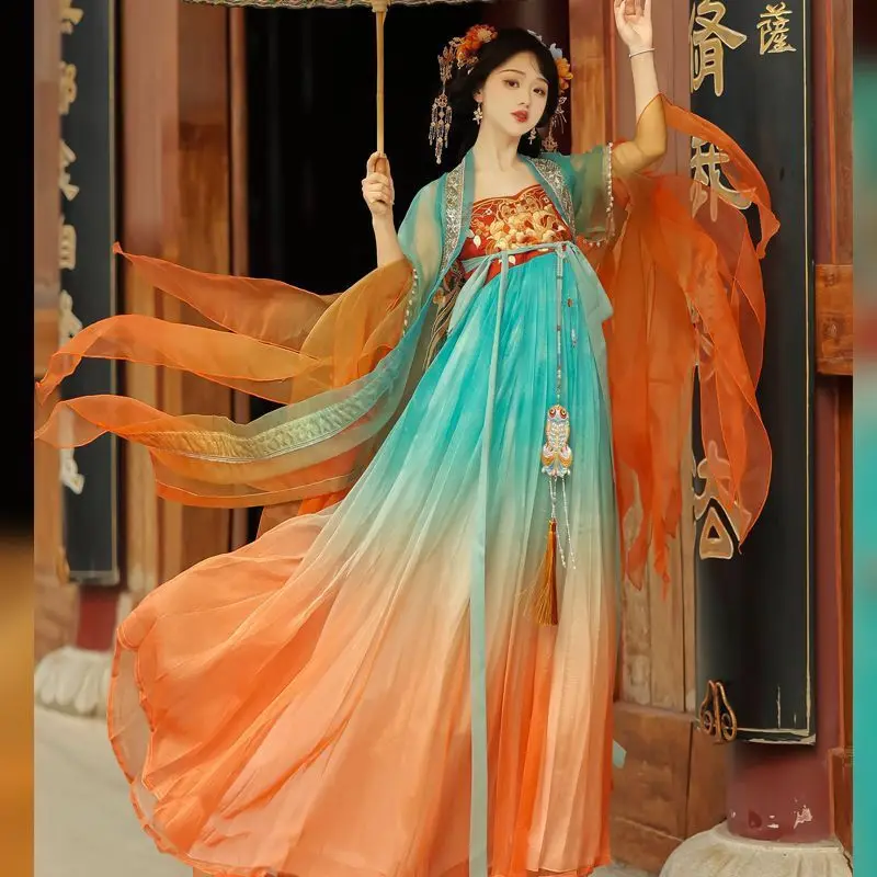 Chinese Hanfu Dress Women Cosplay Costume Party Outfit Ancient Chinese Tang Dynasty Hanfu Gradient Orange Dress Tang Suit