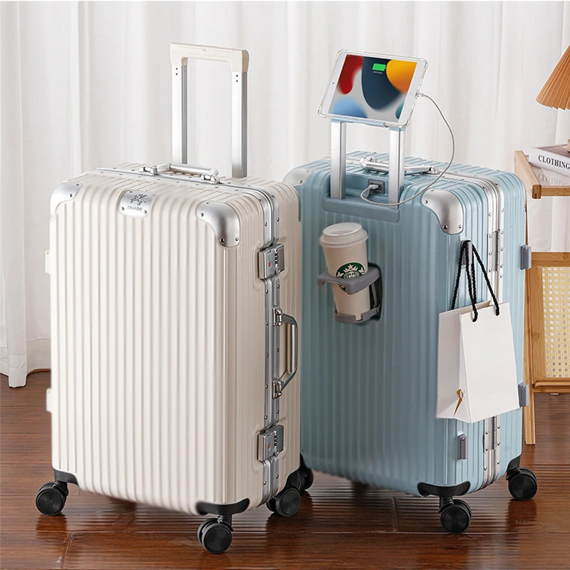 

New Suitcase Female Multifunctional Sturdy and Durable Luggage with USB Cup Holder Aluminum Frame Male Password Trolley Case