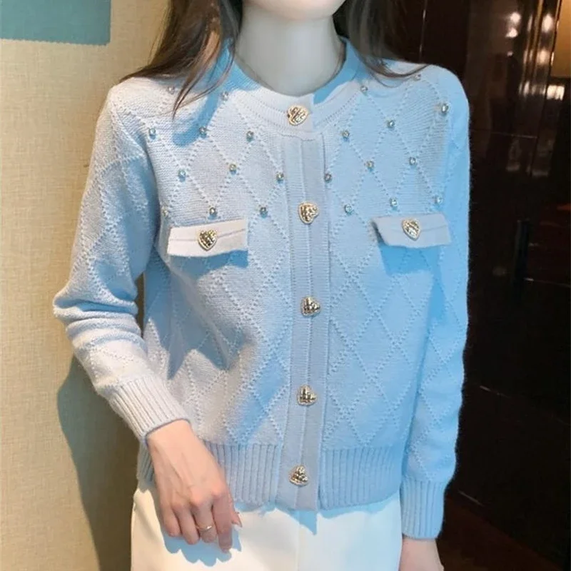 

Early Autumn High Quality New Elegant Knit Top Women O-neck Small Fragrance Shining diamonds Korean Chic Girl Sweater Cardigan