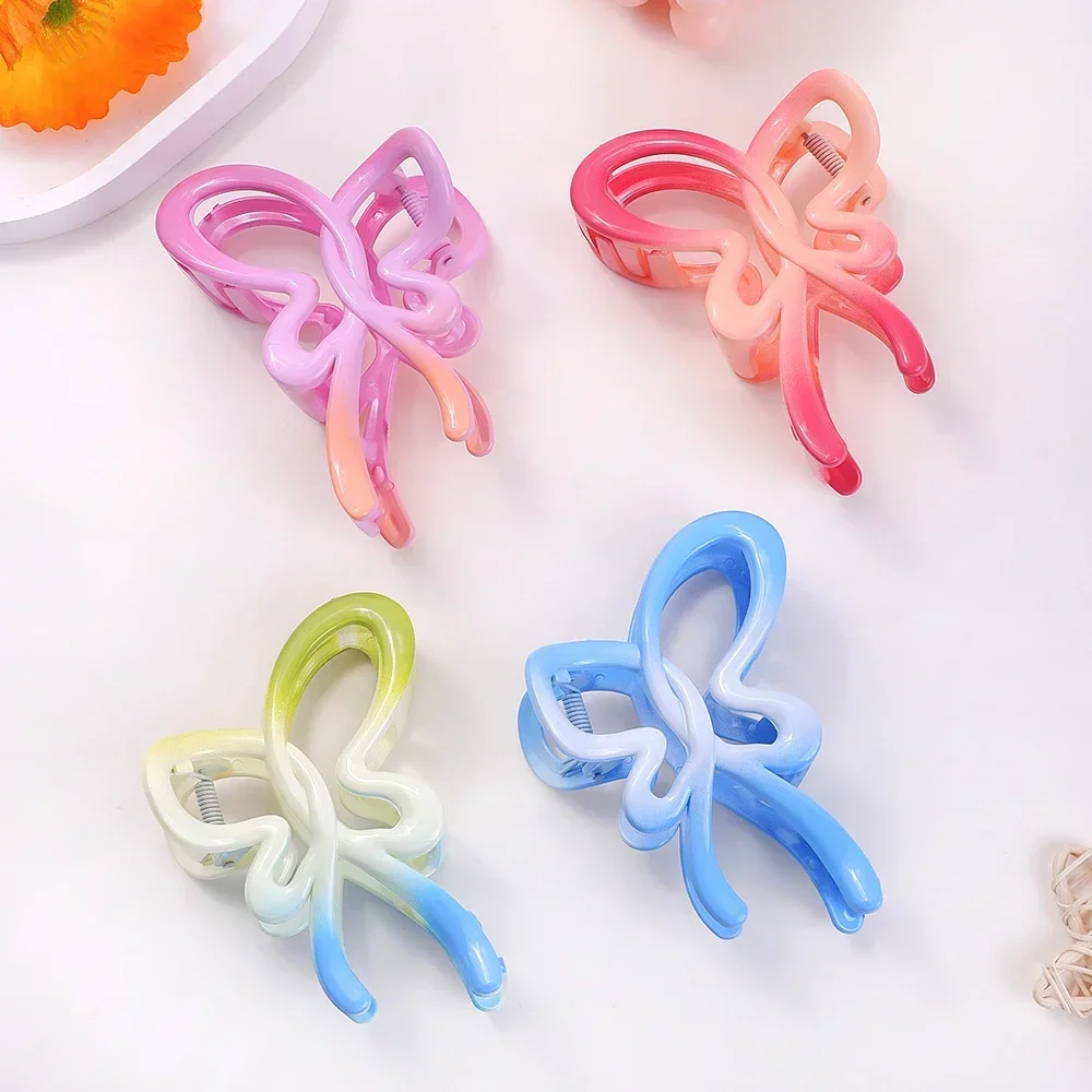 Gradient Fashion Bow Hair Claw Clip Solid Color Hollow Streamer Bow Plastic Hair Claw Clip Hairpin Accessories for Women Girls