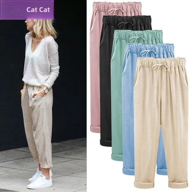 プラスサイズの女性用伸縮性パンツ、夏のカジュアルウェア、伸縮性のあるポリエステル生地、その他の素材混紡、女性向け