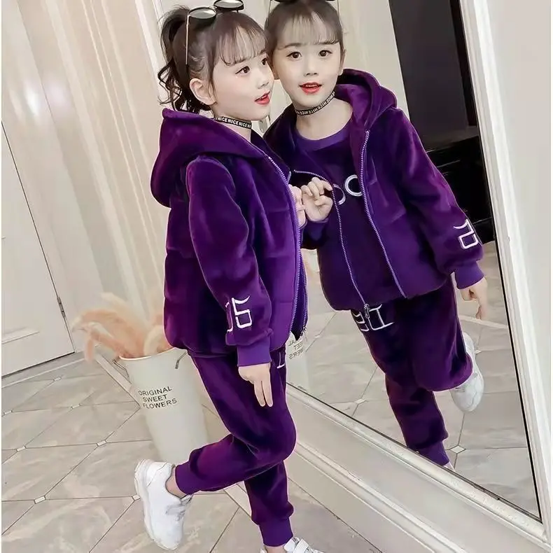 (Children's Sets Girls Suit Gold Velvet Double-faced Fleece Casual Sweatshirt Three-piece Suit Children's Clothing Loungewear