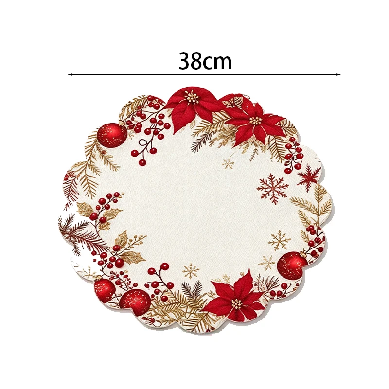 Christmas Wavy Edge Placemats 2D Printed Red Berries Golden Pine Branch Table Mats Non Slip Heat Resistant Xmas Table Decor