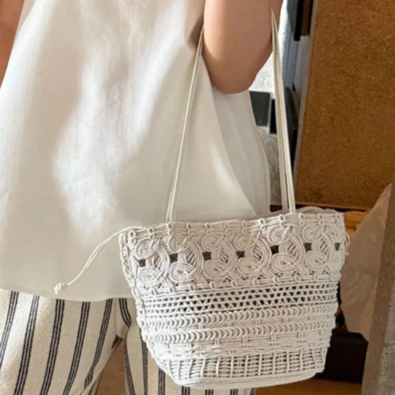 

Handwoven Crochet Bucket Bag With Inner Pouch Hollow Out Summer Shoulder Bag Trend Vacation Tote Bag Women Casual Underarm Bag