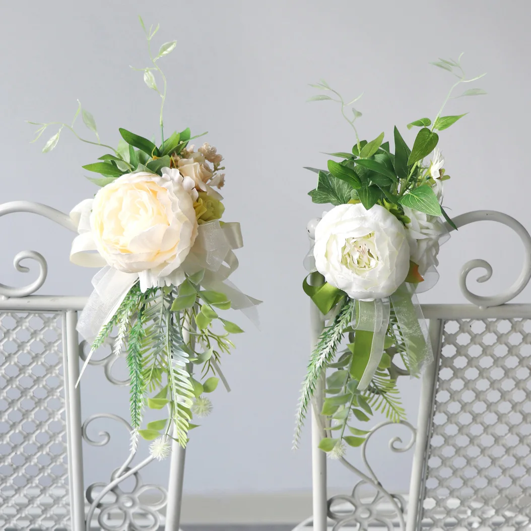 

Yannew 4pcs Artificial Peony Pew Flowers for Wedding Ceremony Aisle Chair Decoration with Greenry Rustic Wedding Outdoor Decor
