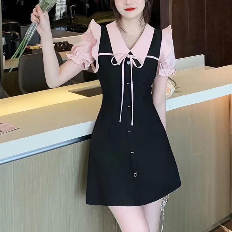 Women's New Summer 2024 Color Block Sailor Collar Button Ruffles Fashion Elegant Slim Commuter Short Sleeve Sweet Dresses