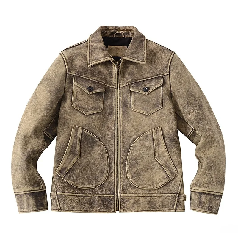 

Retro American Sle Motorcycle Jaet Men's Top Layer Cowhide Waed Leather Coat Faionable Urban Casual Autumn Zipper Clo...