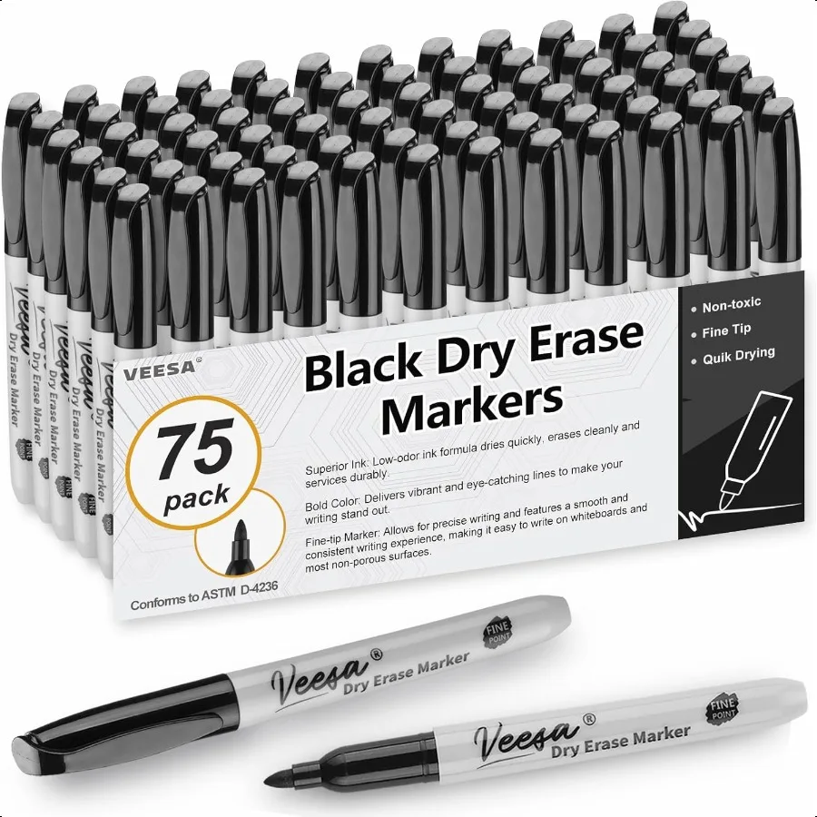 

Fine Tip Dry Erase Markers 75 Pack LowOdor Whiteboard Markers for Office School Home Use NonToxic Black Markers Easy to Erase