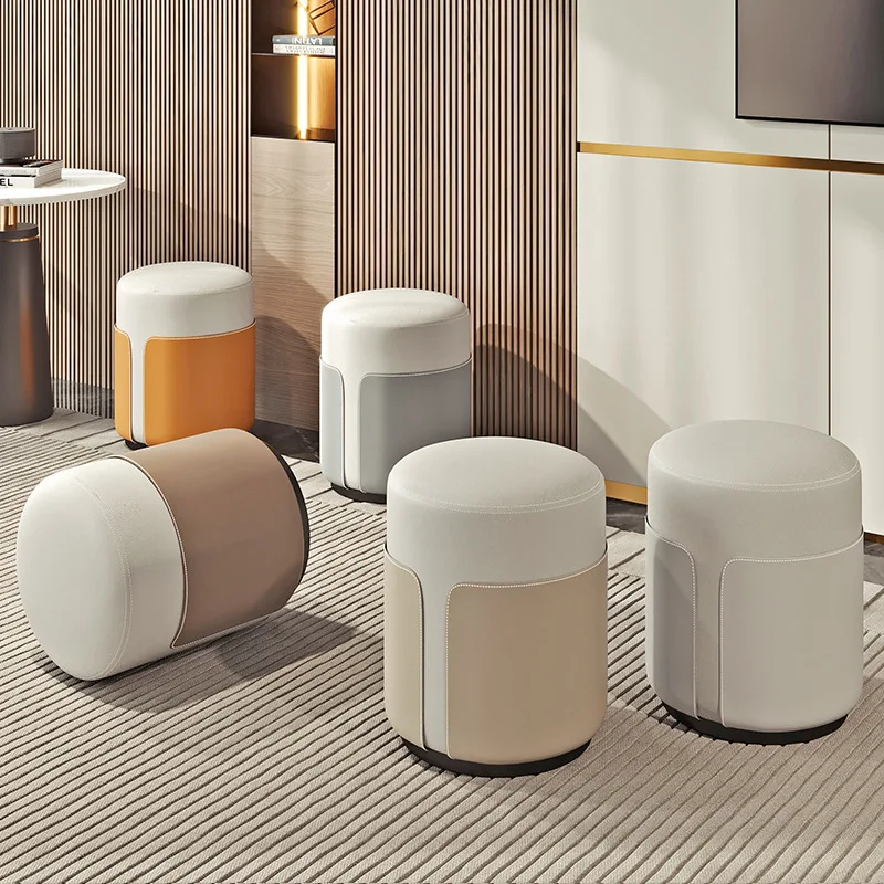 Modern Style Faux Leather Round Vanity Stools, Bedroom Dressing Chairs for Women, Nail Salon Stool, Household Footrest