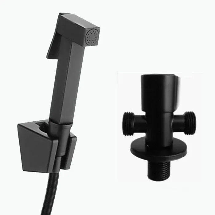 

black angle valve and Toilet Bidet square Sprayer Washing Shower Head two water way out Clean Bidets black brass spray