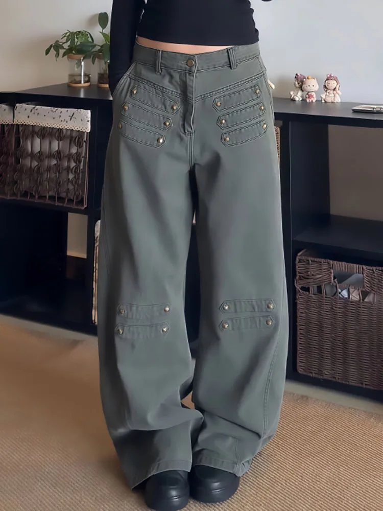 Women Cargo Jeans Vintage Rivet Double Breasted Wide Leg Denim Pants Grey Green High Waisted Loose Streetwear Trousers