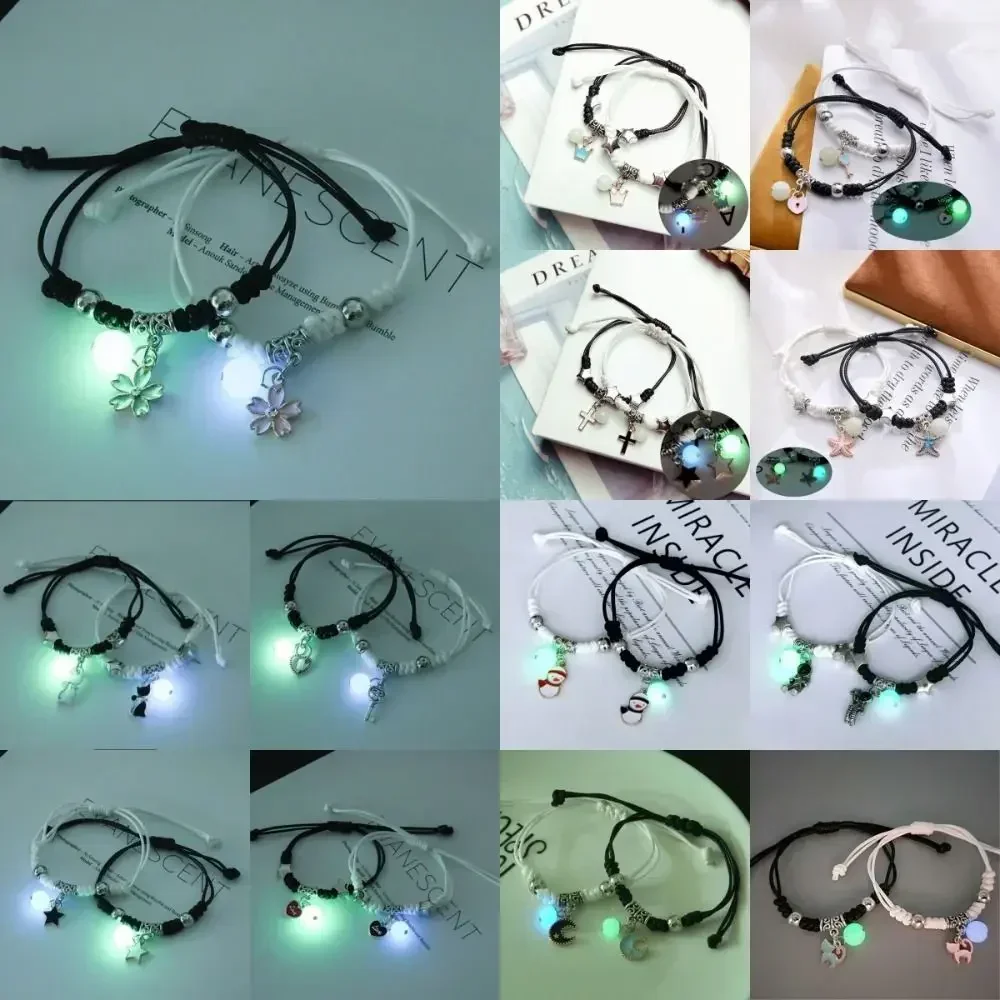 

2pcs Luminous Cat Star Moon Cross Charms Bracelet Set Couple Adjustable Woven Rope Friendship Bracelet for Women Men Summer Gift