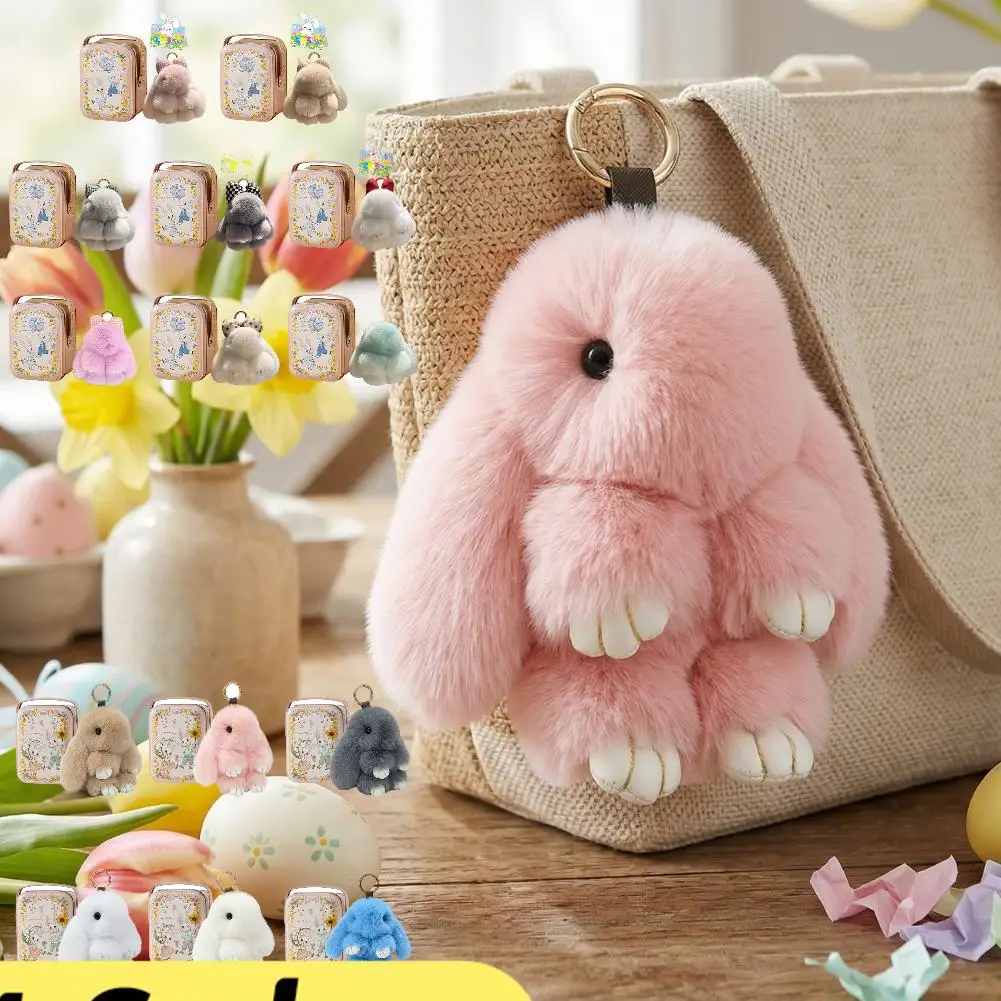 

Bunny Lucky Keychains with Box Soft Fuzzy Rabbit Keychain Handmade with Metal Buckle for Women Car Bags Backpacks Easter Gifts