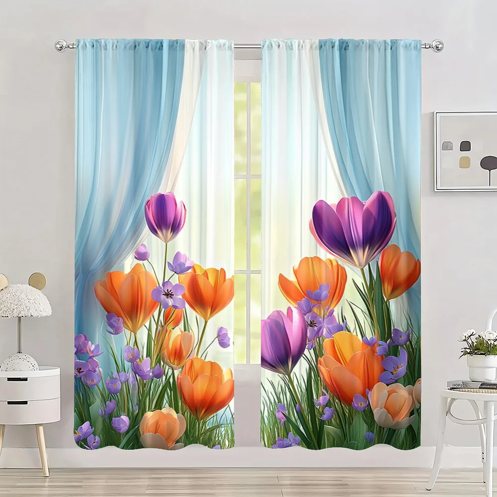 2pc,  Colorful Popular Curtain Vintage flowers and plants Versatile Polyester,Without Electricity Festive Wall Decor for Festive