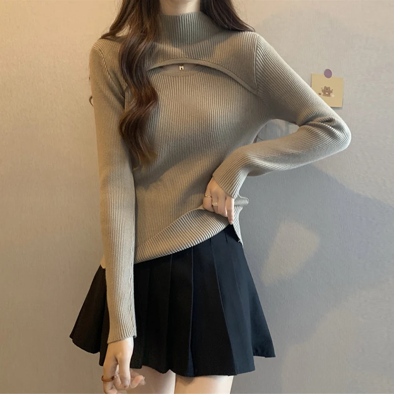 

Knitted Sweater For Women In Niche Hollow Out Interior Sweater For Women Chubby Sister Half High Neck Slimming Knit Top