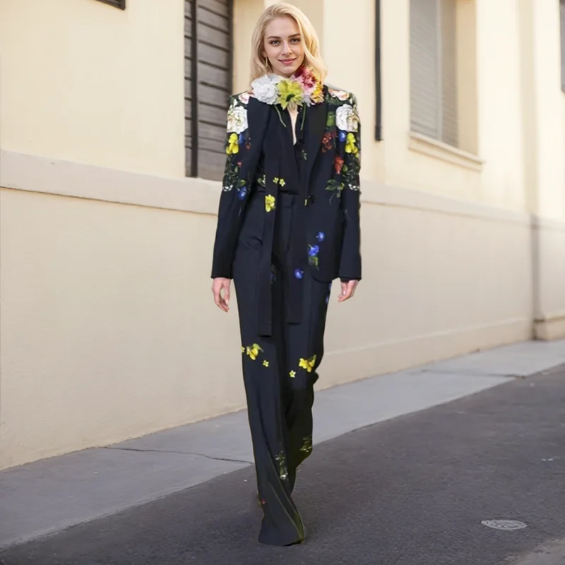 Two Piece Set For Women Fashion Floral Printed Single Button Suits Elegant Slim Fitting Formal Blazer Flare Pants Two Piece Sets