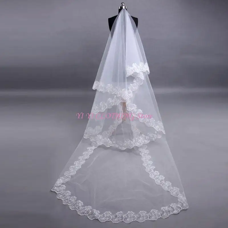 N5KF 1-Tier Wedding Veil Waist Length Short Bride Tulle Hair Accessory with Lace Trim