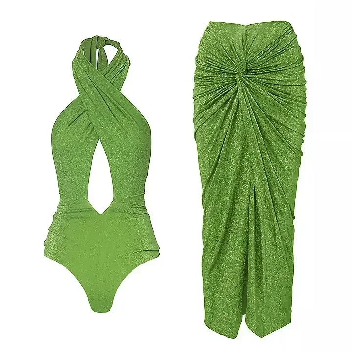 Halter One piece Swimsuit set Shiny Texture Pleated Women Swimwear Beachwear bathingsuit