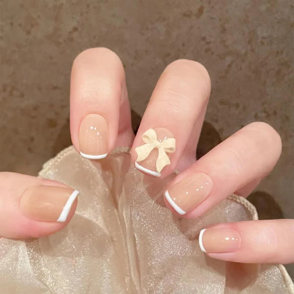 

24Pcs Short Square Head False Nails Press on White Edge French Design Fake Nail 3D Bow Detachable Finished Full Cover Nails Tips