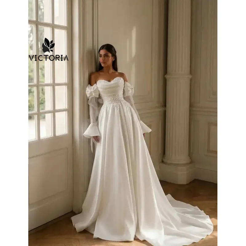Elegant Satin Wedding Dress Off Shoulder Pearl Beaded Bridal Gown A Line Sweetheart Neck Detachable Long Sleeves Customized