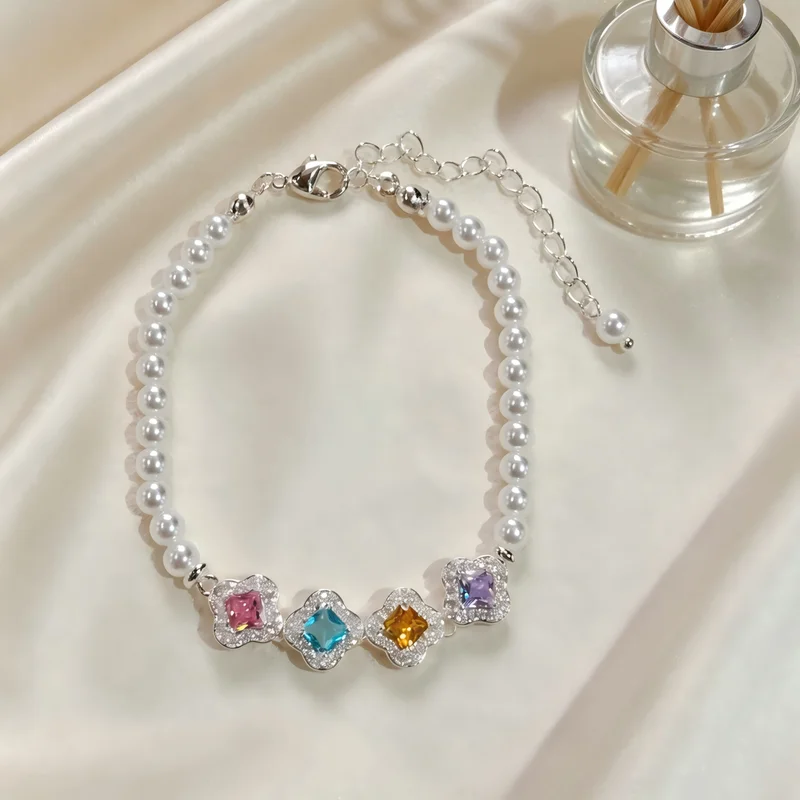 

Elegant Colorful Crystal Clover Pearl Bracelet Women Silver Color Beaded Chain Sweet Korean Fashion Party Jewelry Gift