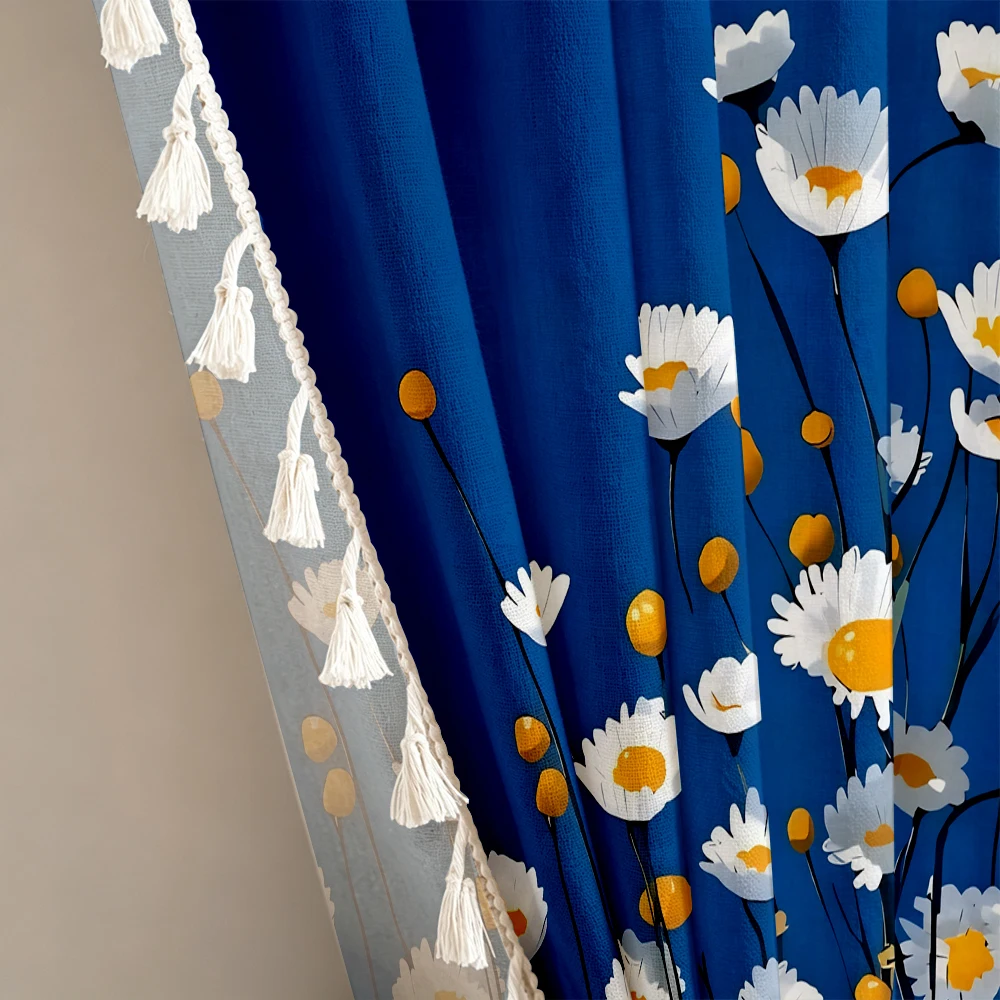 1PC Floral Tassel Sheer Curtains, Blue White Daisy, Digital Print, Polyester, Bedroom Living Room, Rod Pocket, Home Decor