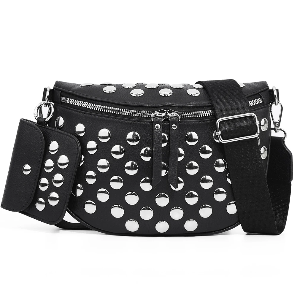 

PU Leather Metal Stud Waist Bag Solid Color Stylish Straw Chest Bag Adjustable Strap All-Match Sling Bag Work Date Party Bag