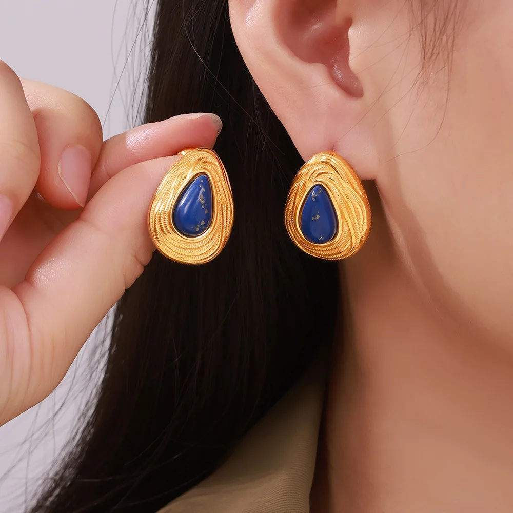 316 Stainless Steel Drop-Shaped Statement Ear Stud Natural Blue Lapis Lazuli Vintage Earrings for Women Luxury Designer Jewelry