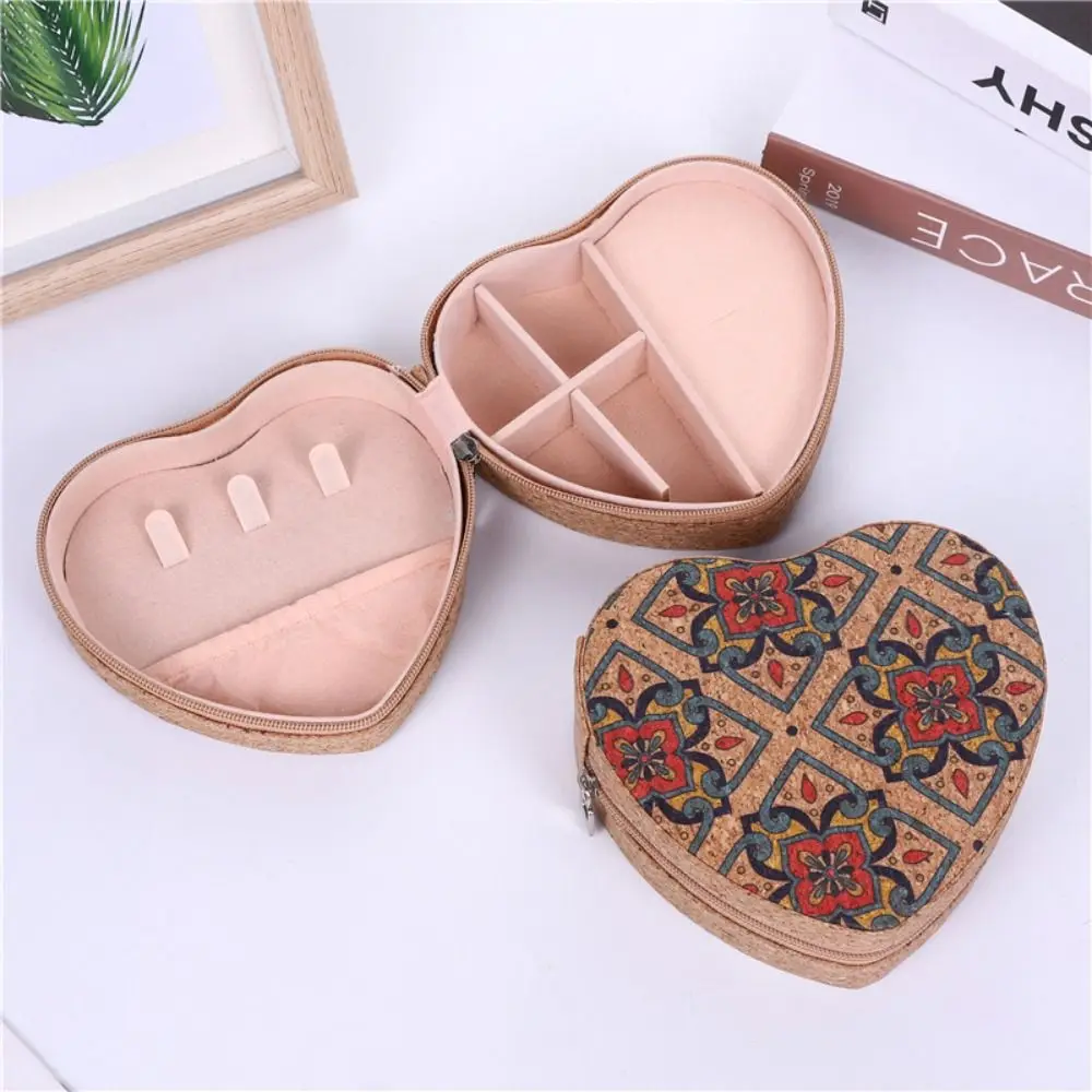 Zipper Heart Shaped Jewelry Box Portable Bohemia Ring Earrings Organizer Retro Lightweight Cork Jewelry Storage Case Gifts