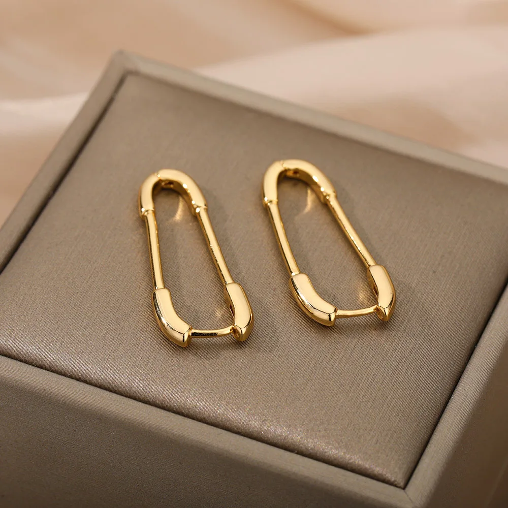 Vintage Punk Paper Clip Hoop Earrings For Women Gold Color Stainless Steel Earrings Daily Wear Jewelry Party Gift Accessories