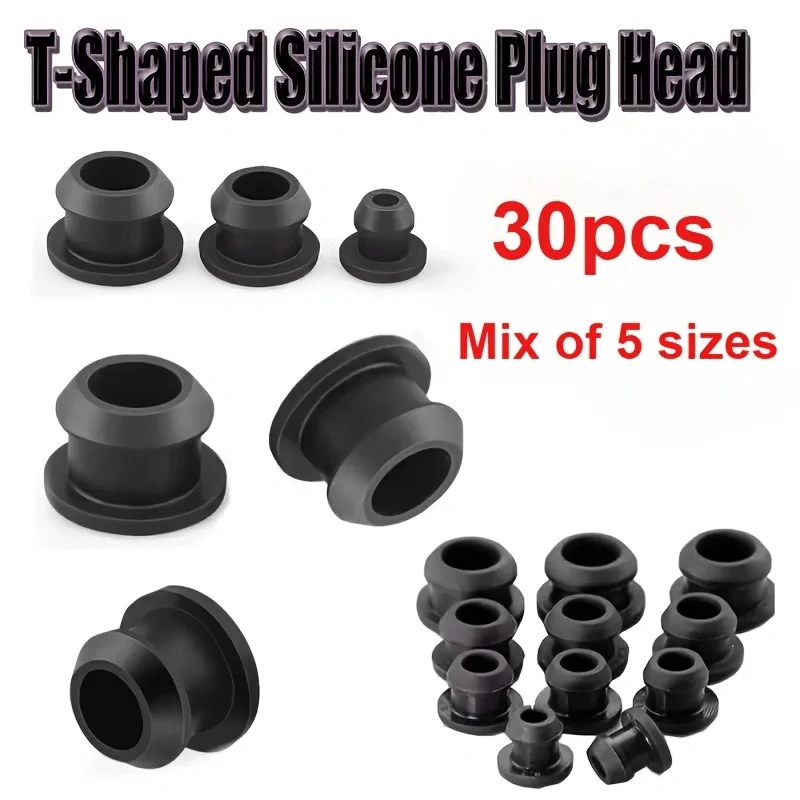 30pcs Black Conical Snap-on Silicone Rubber T Type Plug 2.5-9mm Blanking End Caps Tube Inserts Bung Proof High Temperature
