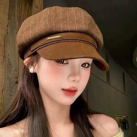 Autumn Winter Women Newsboy Cap British Striped Octagonal Baker Boy Hat PU Leather Brim Patchwork Vintage Octagonal Cap