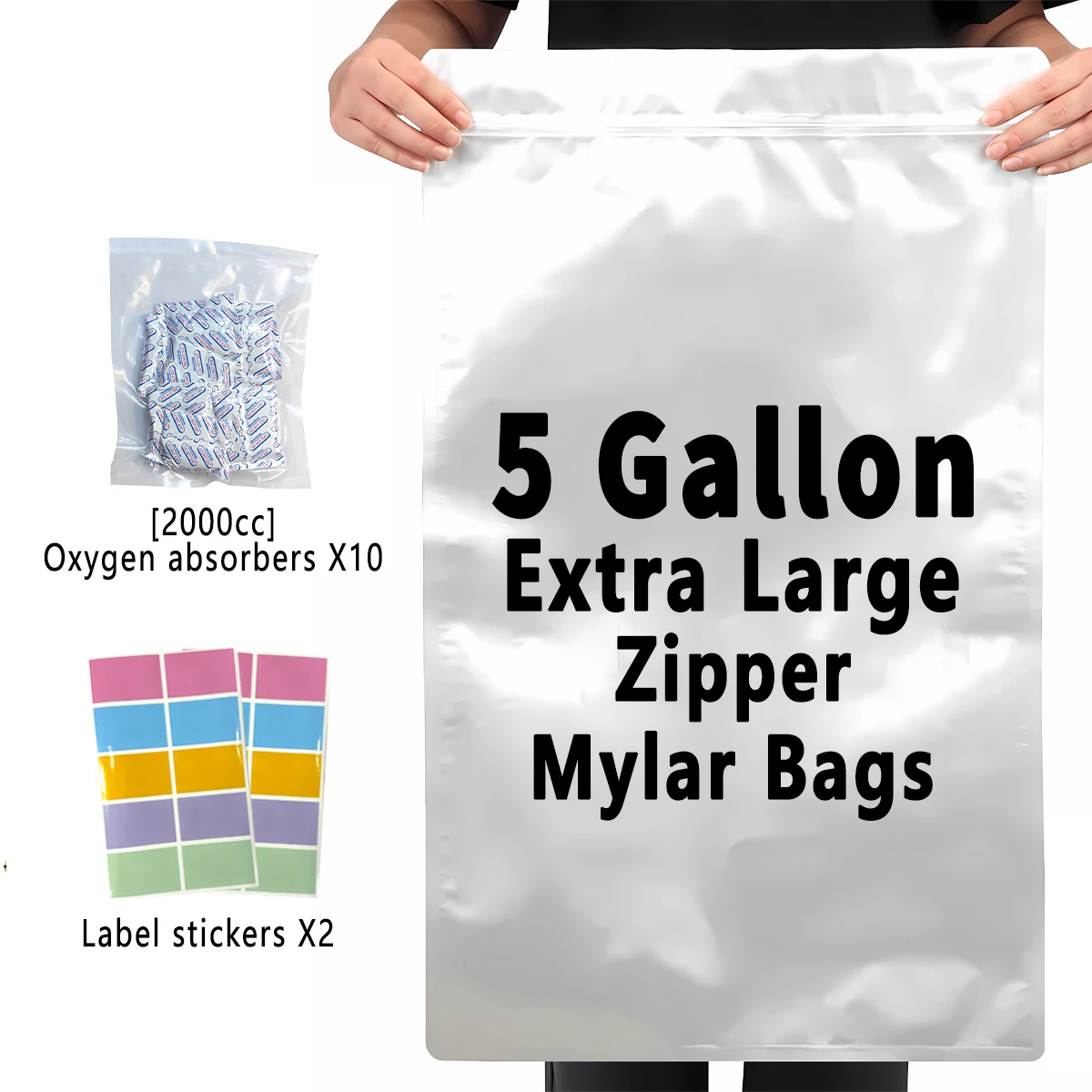 10pcs 5 Gallon Mylar Bags for Food Storage 12 Mil Thick Mylar Bags 5 Gallon with Oxygen Absorbers 2000cc Ziplock Resealable Bags