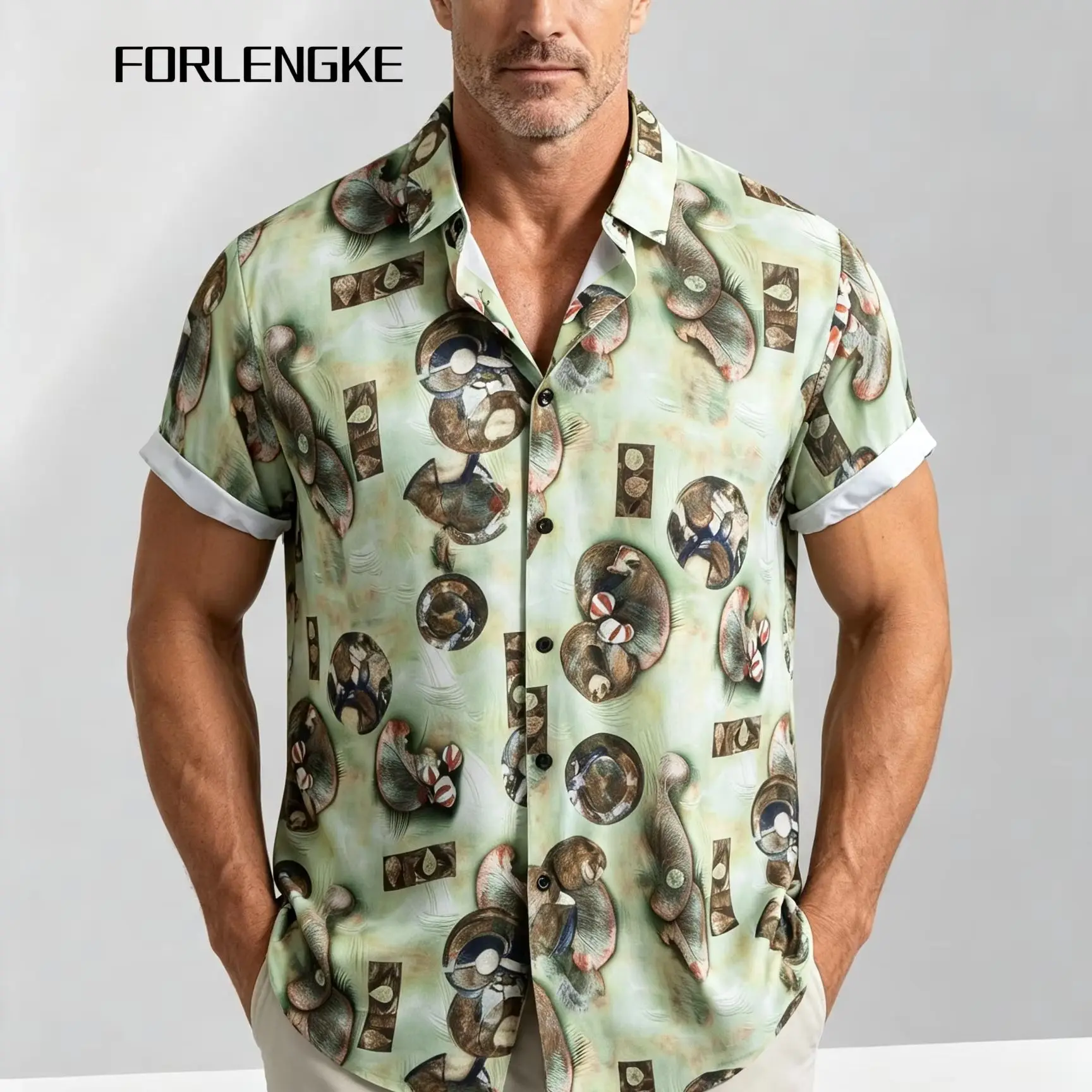 FORLENGKE Men Casual Abstract Geometric Print Short Sleeve Shirt, Smooth Lightweight Loose Button Up Blouse For Summer Beach Vac
