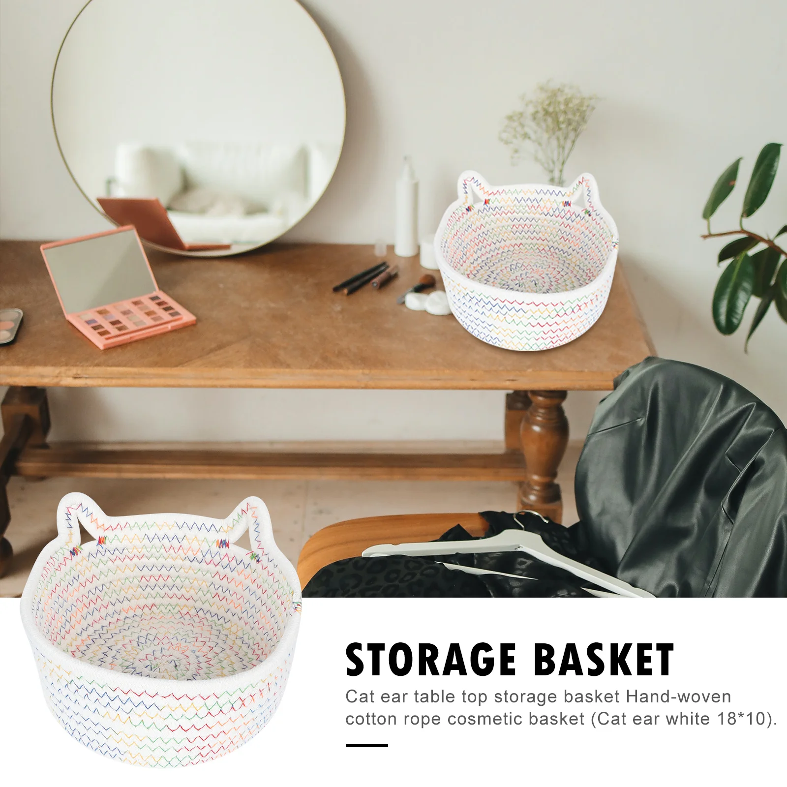 Cesta de algodón con orejas de gato, contenedor de almacenamiento tejido elegante para alimentos secos, productos de belleza, artículos para el hogar, caja organizadora para dormitorio y sala de estar, 1 Uds.
