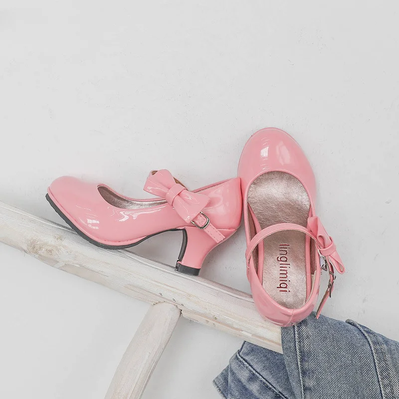 Girls Princess Leather Shoes Glossy PU Fashion Kids Sweet Bowtie Dress Shoes for Ballet Spring Autumn Children High Heels Causal