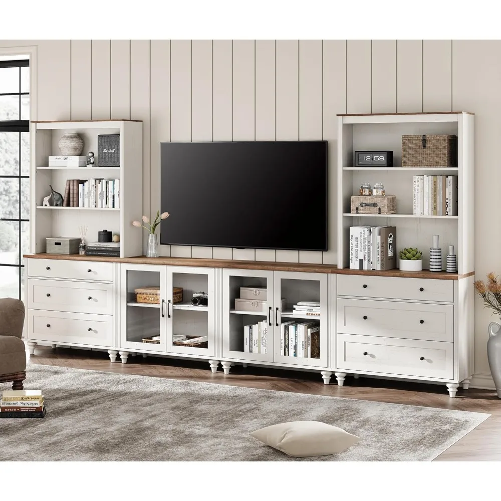 

Bookcase,with Bookshelves with Glass Doors & Drawer, for TVs Up To 75", Media Console Table, Home Theater, Wall Unit TV Stand