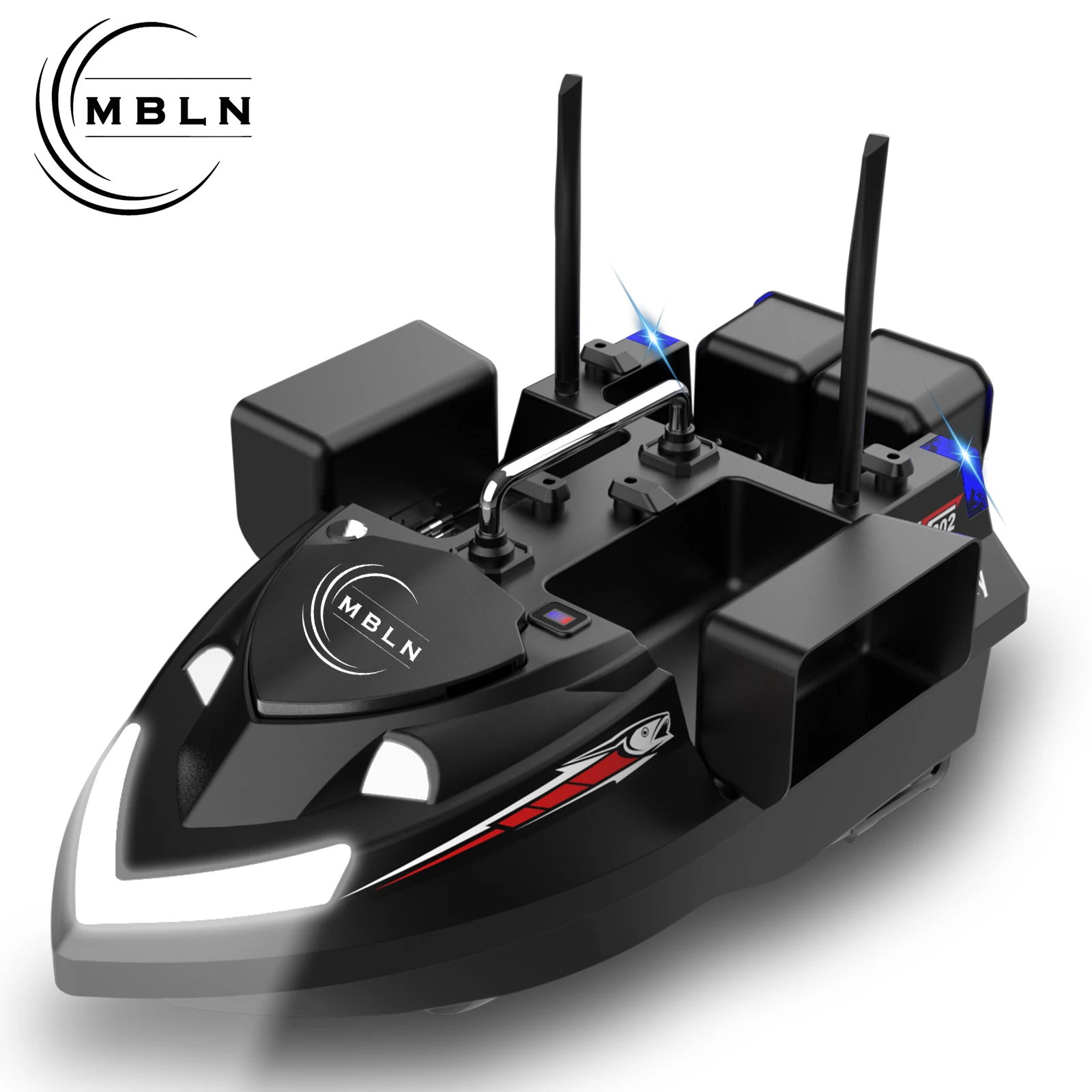 

MBLN Bait Boat with 4 Independent Hoppers,Dual Antennas for 500m Range, Dual Power Supply, Front & Rear Lights for Night Fishing