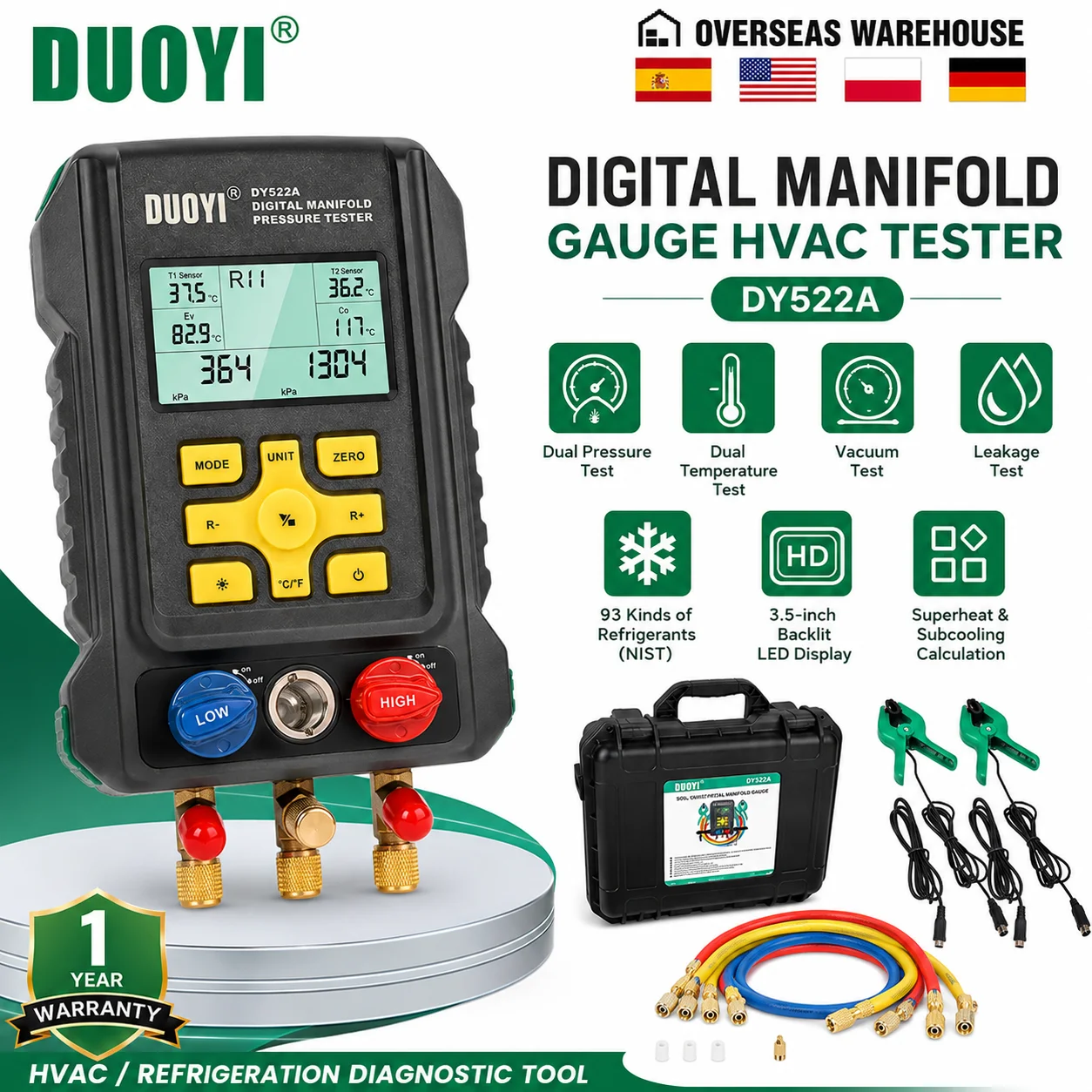 DUOYI DY522A Manometro Digitale 3,5 Pollici Retroilluminato Tester Refrigerante HVAC Test di Pressione, Temperatura e Vuoto 93 Refrigeranti NIST