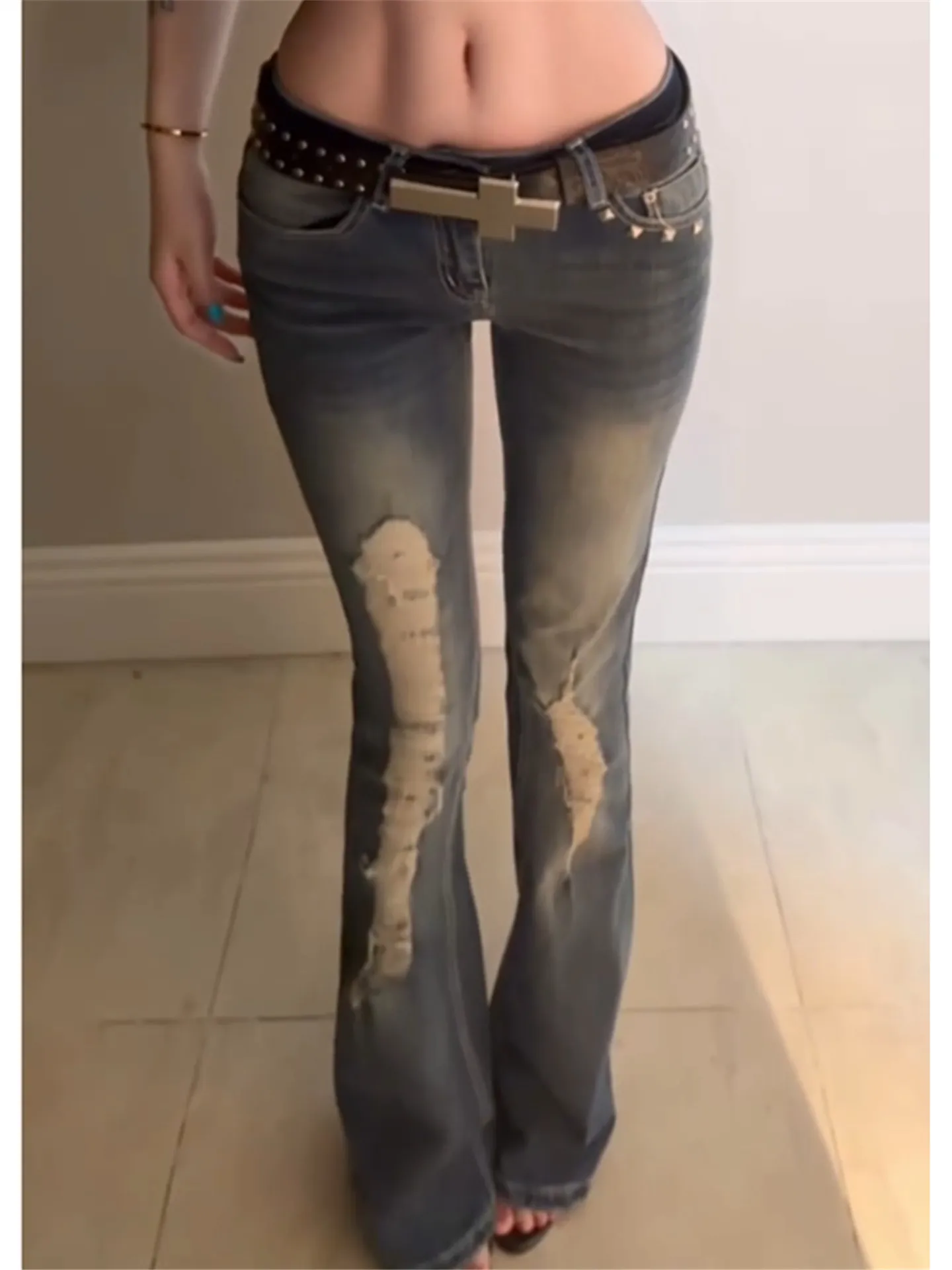 

Retro American Low Waist Bell Bottom Jeans Women's Slimming Distressed Summer High Waist Wide Leg Pants Dance Cotton Zipper
