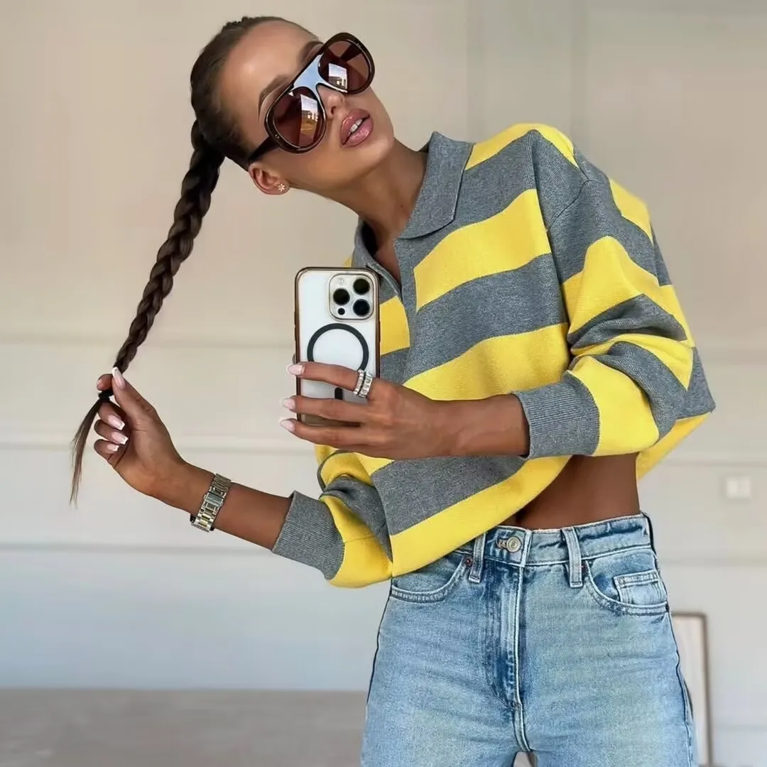 

YENKYE 2025 Women Striped Knit Polo Neck Sweater Long Sleeve Casual Loose Autumn Pullover Tops