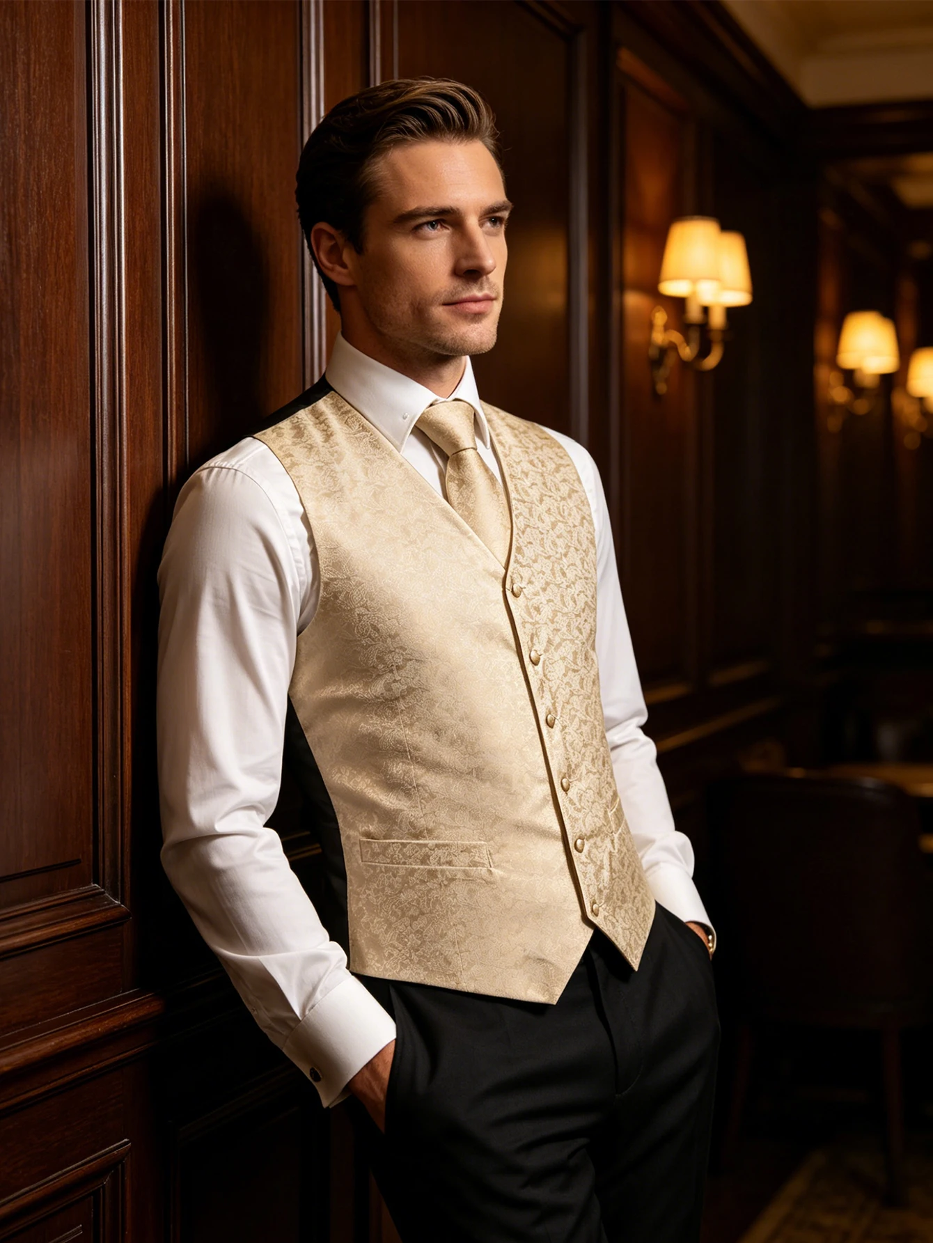 Champagne Scroll Jacquard V-Neck Vest 4Pcs Outfit Tie Pocket Square Cufflinks For Outdoor Wedding Gala