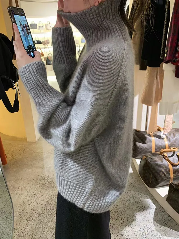 Autumn Winter New Cashmere Sweater Women\'s Clothing 100% Pure Wool Turtleneck Pullover Loose Large Size Thicken Knit Top Korean