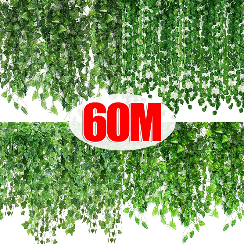 60/2M Artificial Plant Creeper Green Wall Hanging Vine Silk Garland Ivy Leaf Home Garden Hanging Plants Wedding Party Decoration