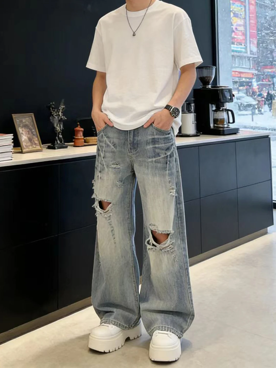 

Blue Lightning Pattern Ripped Denim Jeans Men's Spring Summer American High Street Vibe CleanFit Drapey Knife Pants