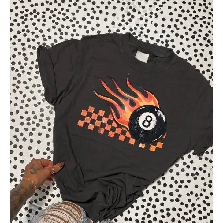 

8 Ball T Shirt with Flame Checkerboard Retro Vintage Billiards Graphic Tee for Men Women Unisex Streetwear Top