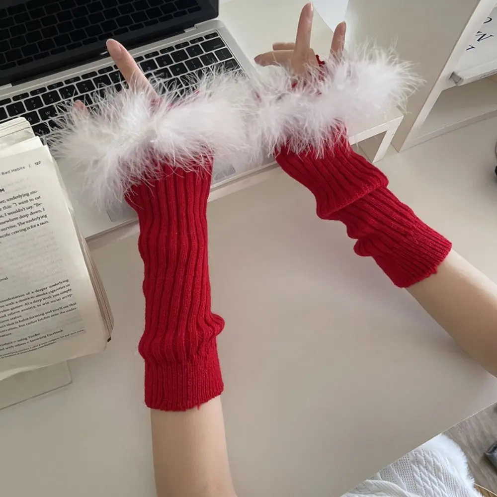 แฟชั่นยืดหยุ่น Y2K แขนอบอุ่นลูกไม้ยาว Mittens Feather ถักแขนอุ่นหวานเกาหลีสไตล์ Fingerless ถุงมือ Lolita