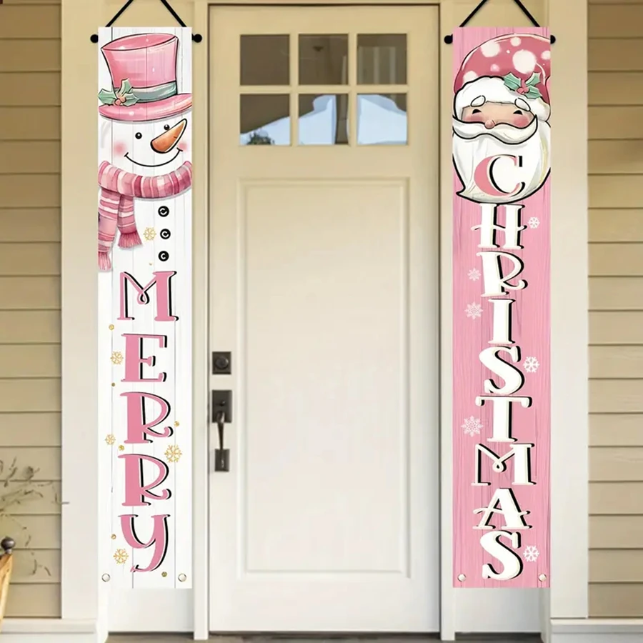 Christmas Pink Couplets Snowman Santa Claus Theme Merry Christmas Door Curtain Decoration Banner Home Front Door Decoration